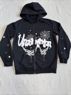 Manfinity Black Graphic Zip-Up Hoodie with White Spiderweb & Star Design
